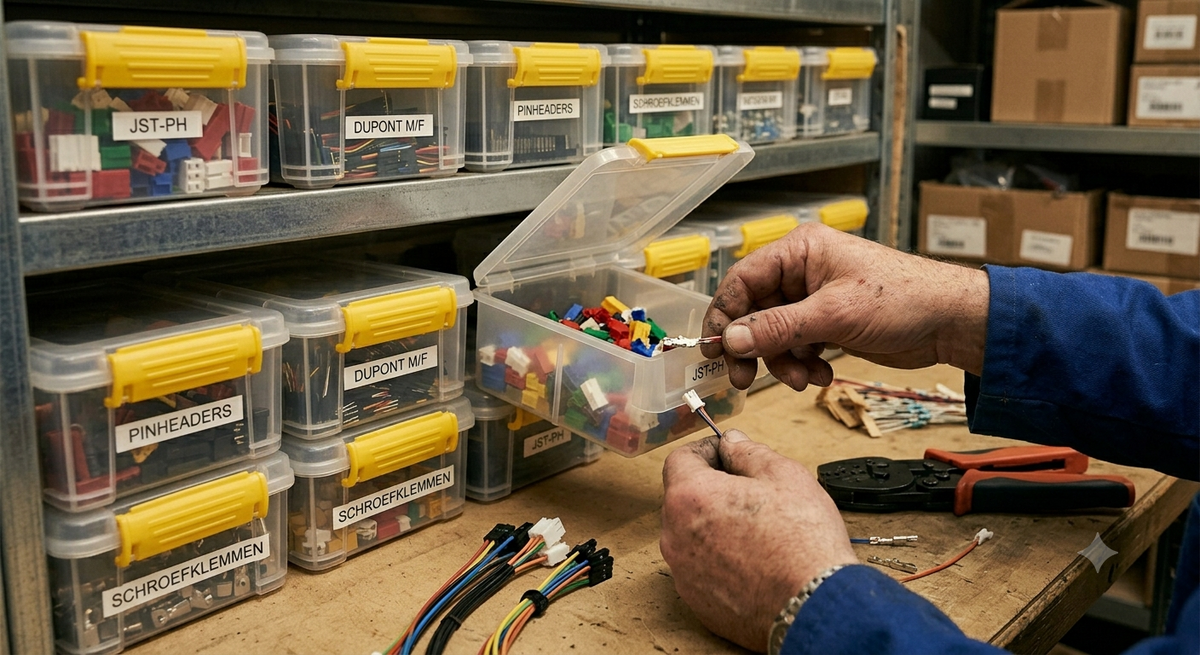 Overzicht van pinheaders, Dupont-kabels, JST-achtige connectoren en schroefklemmen op een werkbank.