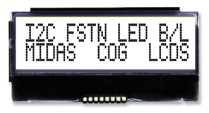 MCCOG21605B6W-FPTLWI LCD, COG 16X2, I2C, FSTN BLK ON WHITE MIDAS