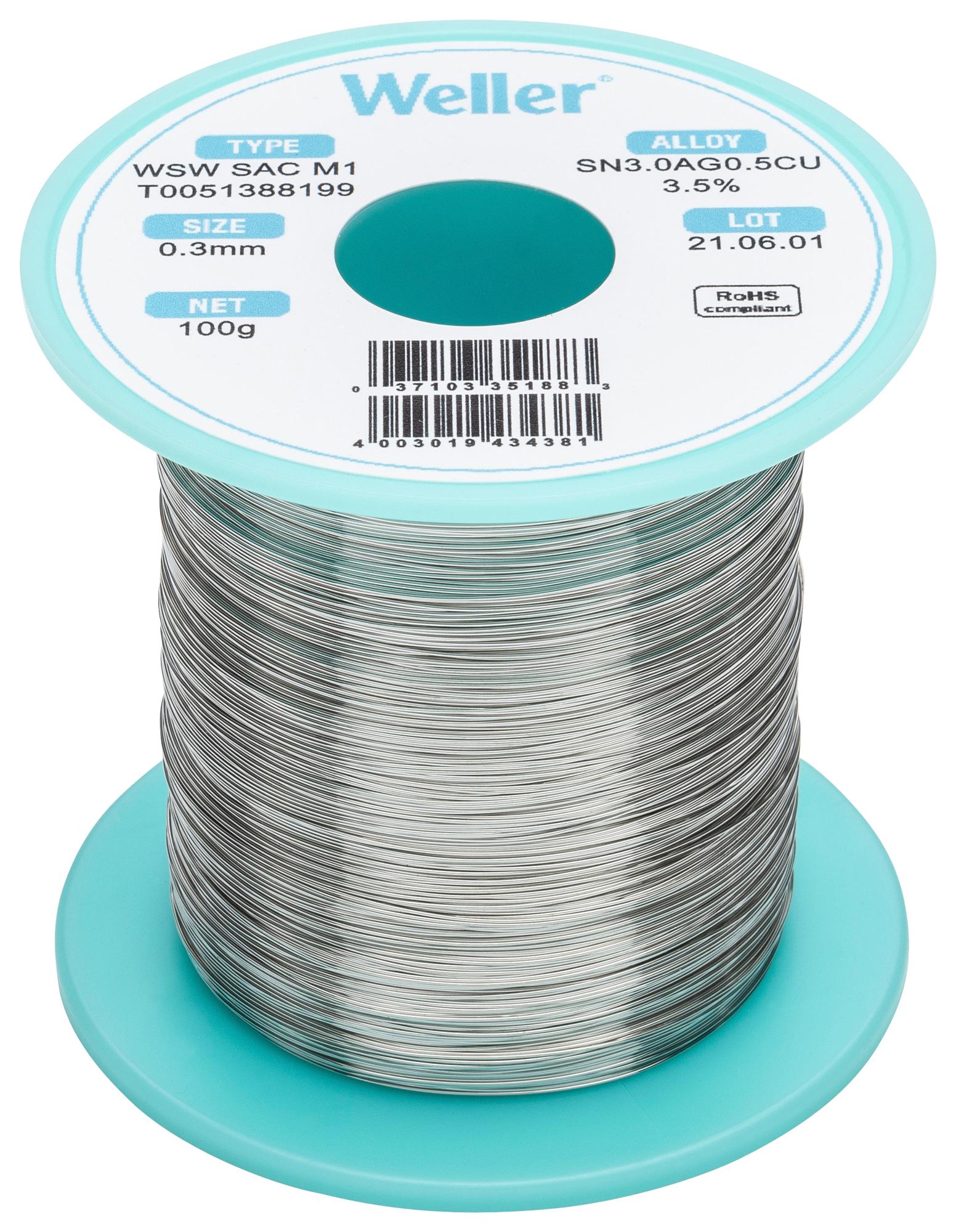 T0051388199 SOLDER, 96.5/3/0.5, 217 DEG, 0.3MM, 100G WELLER