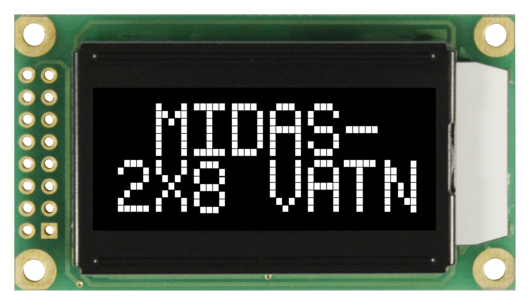 MC20805A12W-VNMLW LCD, ALPHA-NUM, 8 X 2, WHITE MIDAS