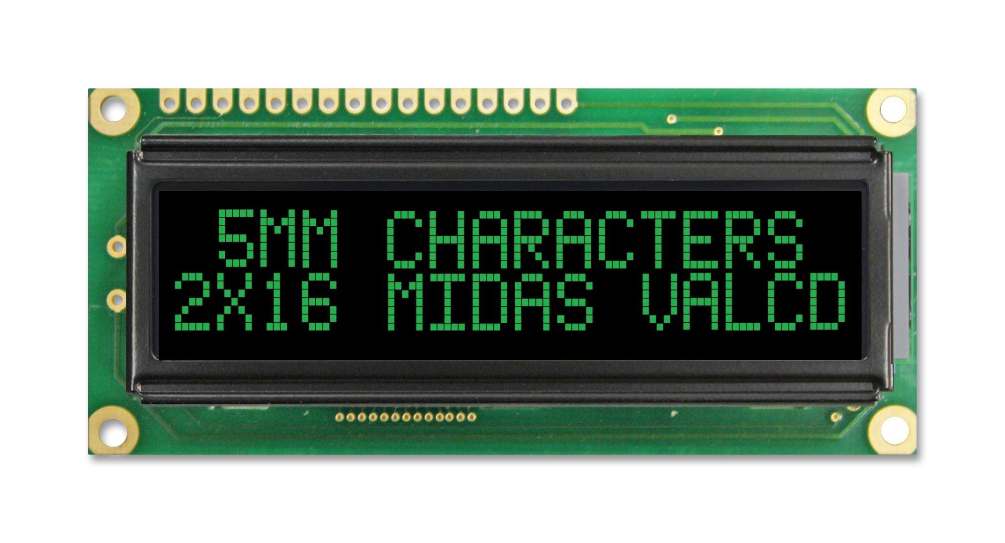 MC21605G12W-VNMLG LCD, ALPHA-NUM, 16 X 2, GREEN MIDAS