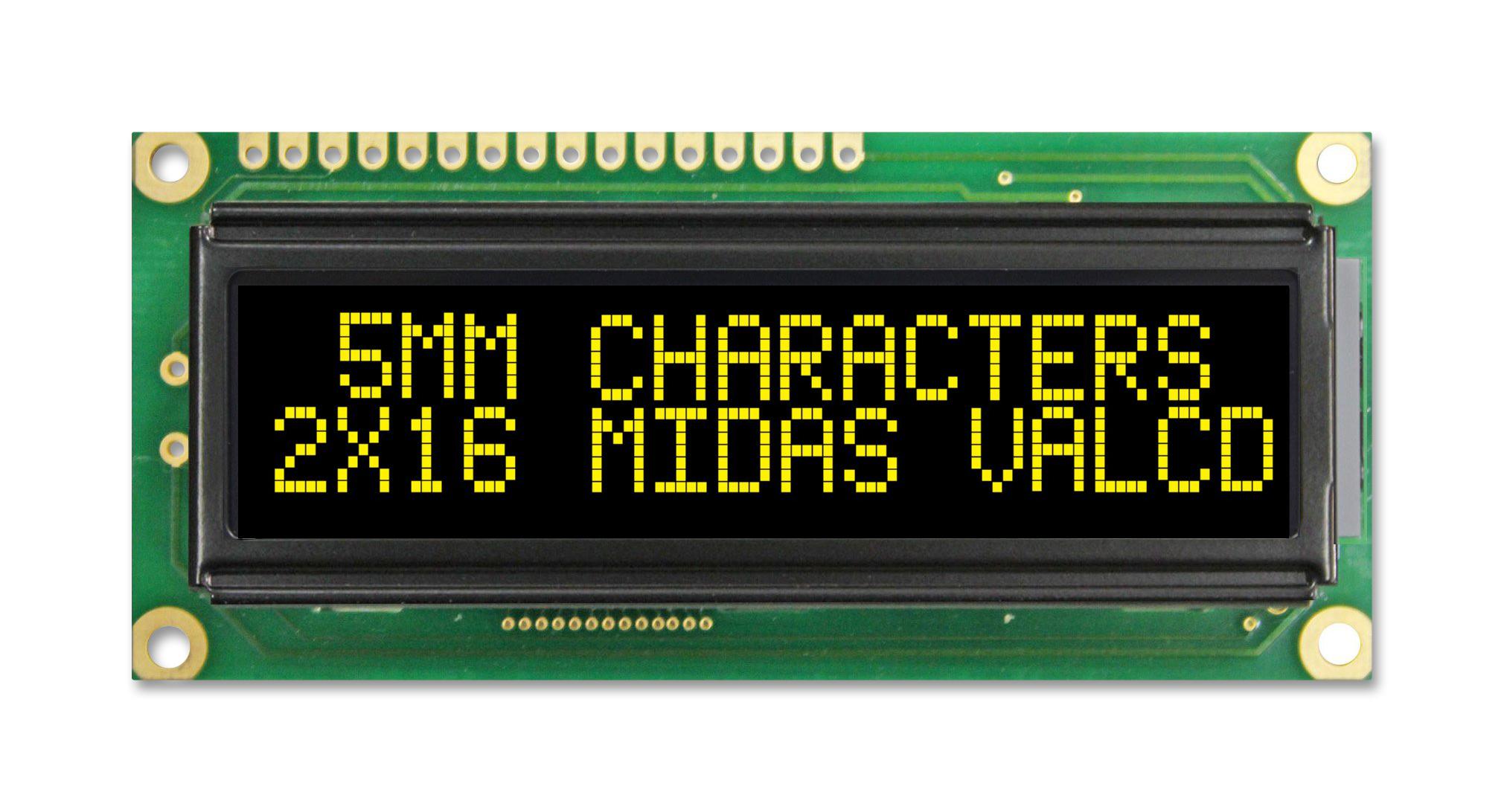 MC21605G12W-VNMLY LCD, ALPHA-NUM, 16 X 2, YELLOW-GREEN MIDAS
