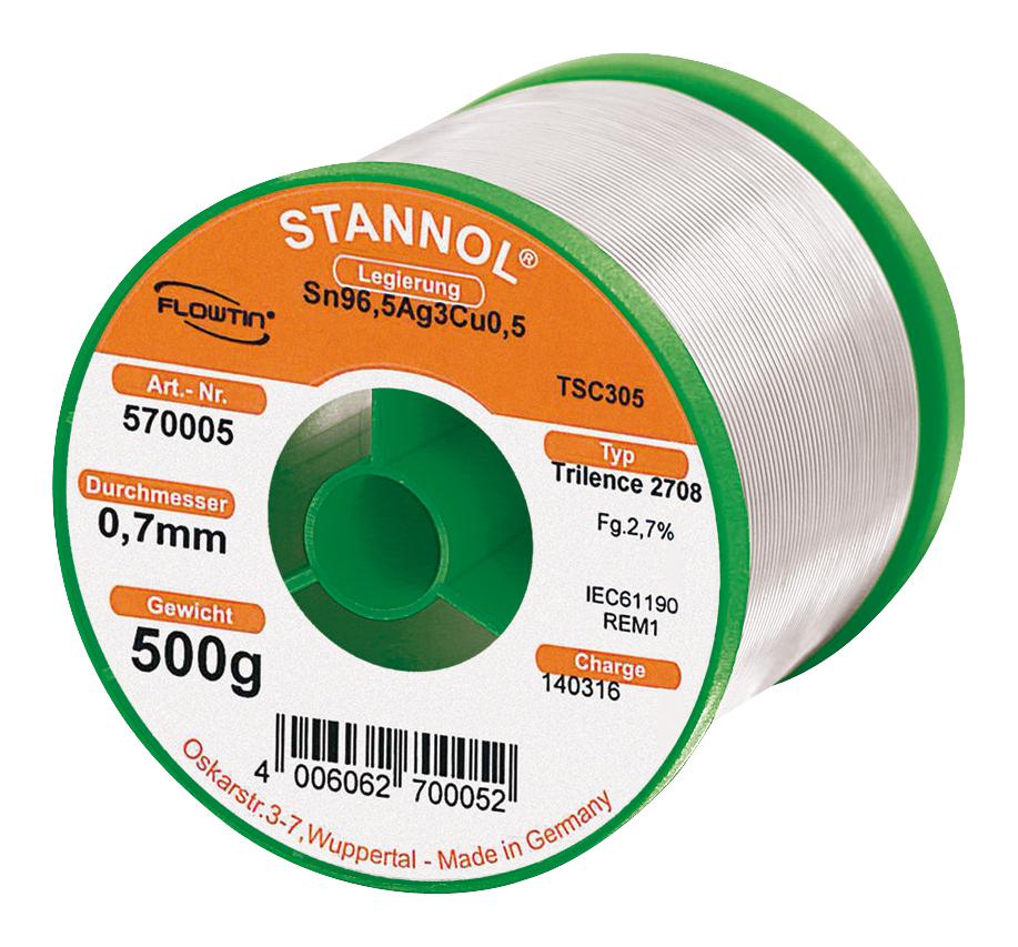 TRILENCE 2708 0.7MM REM1 SOLDER WIRE, 96.5/3/0.5 SN/AG/CU, 500G STANNOL