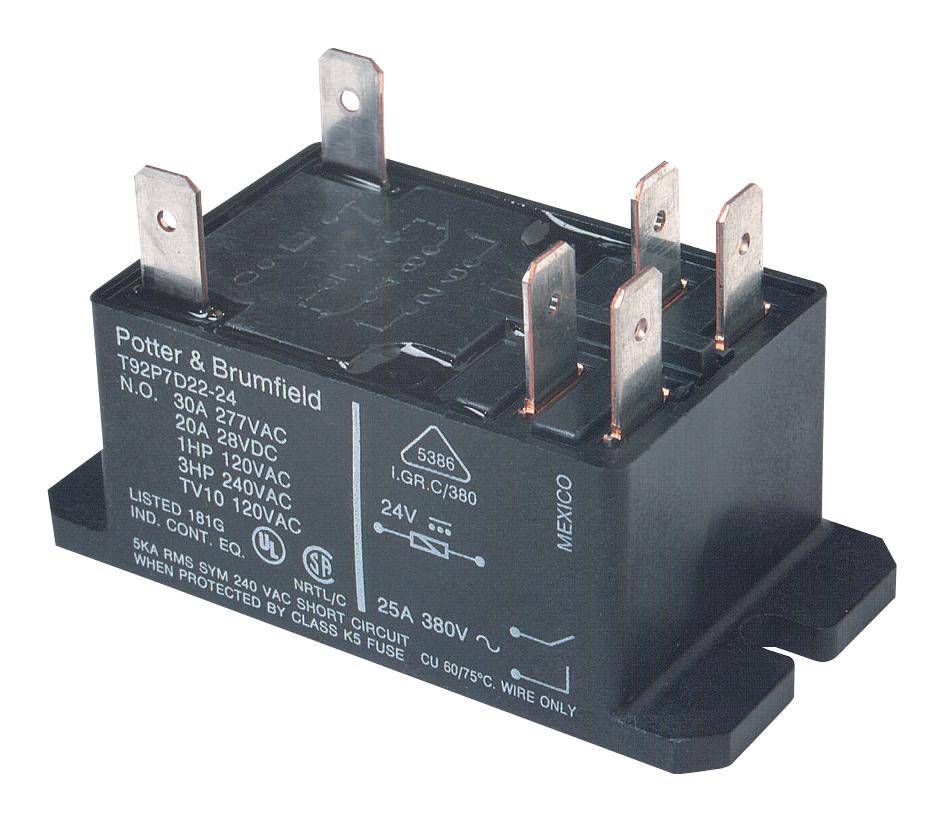 T92P7D12-24 POWER RELAY, 24VDC, DPST-NO, 40A, THT POTTER&BRUMFIELD - TE CONNECTIVITY