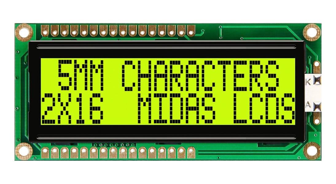 MC21605G6WD-SPTLY-V2 LCD, 2X16, STN, YLW/GREEN B/L, 5MM MIDAS