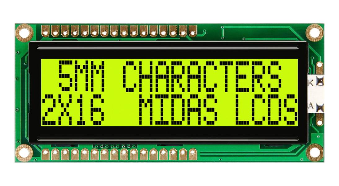 MC21605G6WR-SPTLY-V2 DISPLAY, ALPHANUMERIC, 16X2, YELLOW/GRN MIDAS