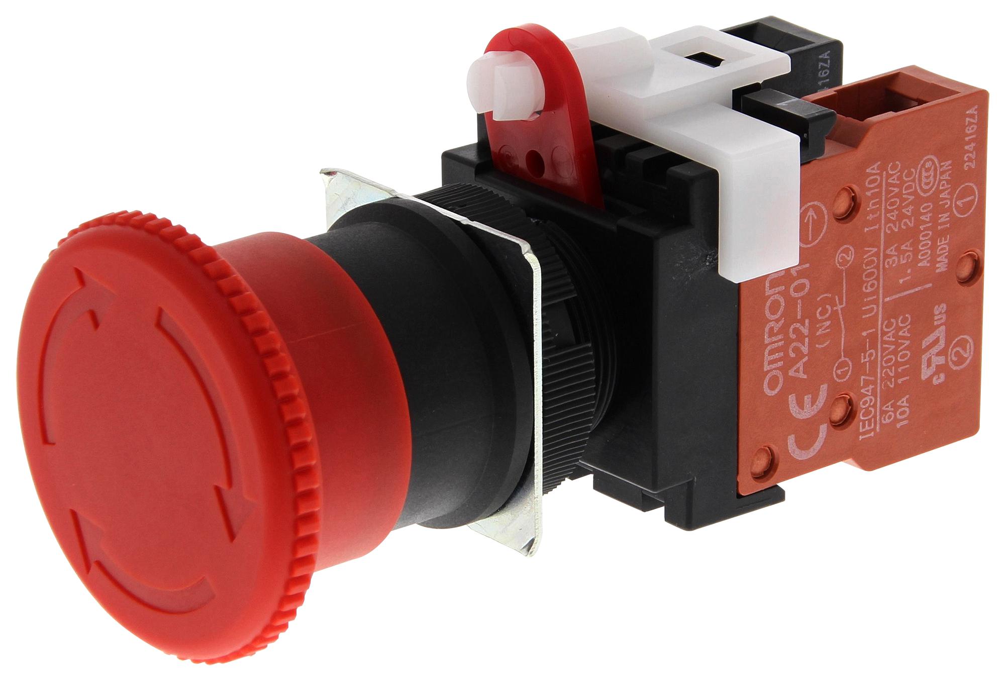 A22EM01 EMERGENCY STOP SW, SPST-NC, 110V, SCREW OMRON