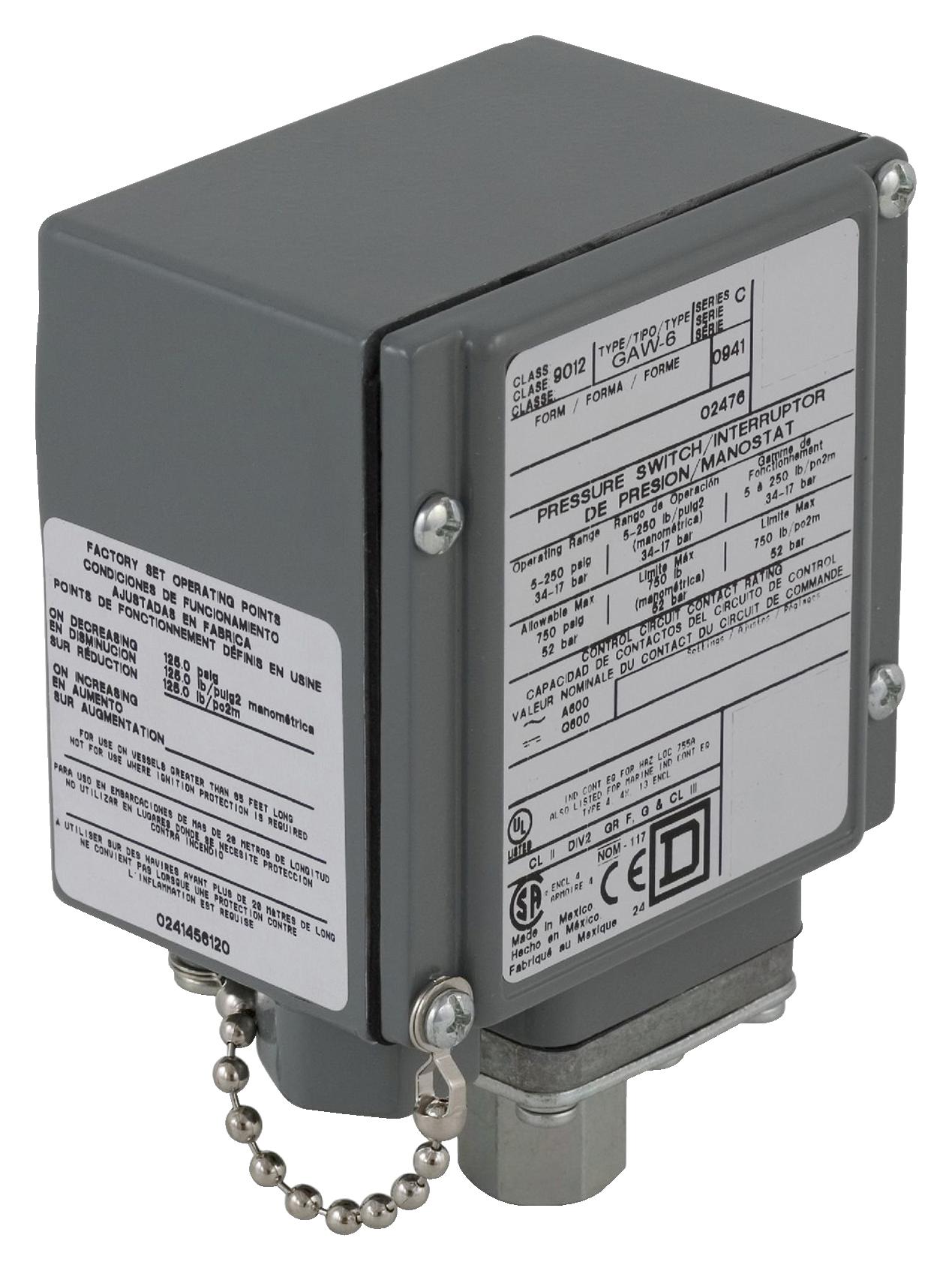 9012GAW5 PRESSURE SWITCH, SPDT, 150PSI, 125V SCHNEIDER ELECTRIC