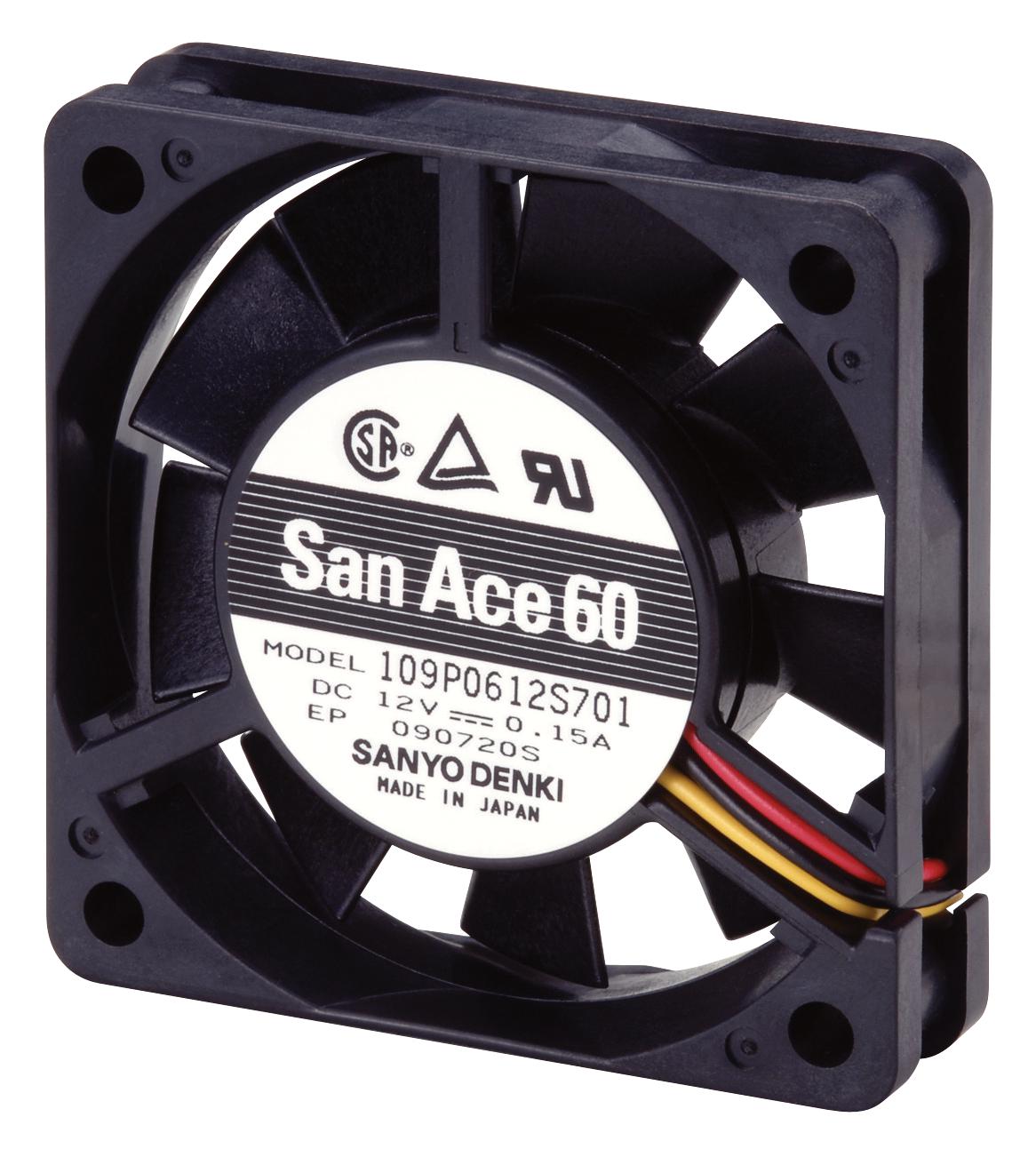 109P0605H702 DC AXIAL FAN, 14.1CU.FT/MIN, BALL, 60MM SANYO DENKI