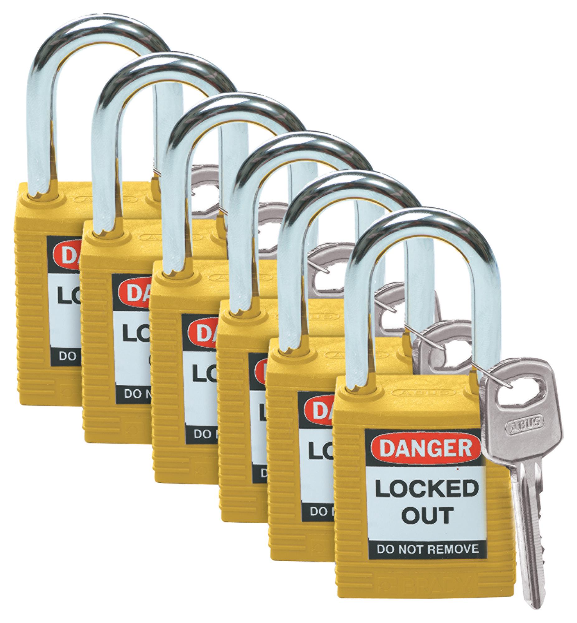 SFTY PADLOCK STEEL 38MM SHA YELLOW 6/PAC LOCKOUT PADLOCK, PA66/STEEL, 38.1MM, YEL BRADY