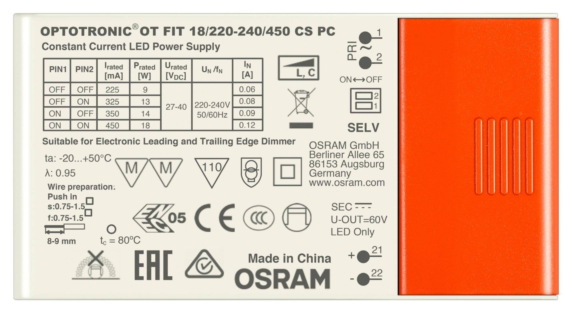 OT-FIT-18/220-240/450-CS-PC-SC LED DRIVER, CONSTANT CURRENT, 60V, 18W OSRAM