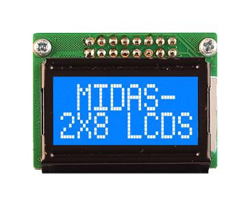 MC20805B6W-BNMLW3.3-V2 LCD DISPLAY, COB, 8 X 2, BLUE STN, 3.3V MIDAS