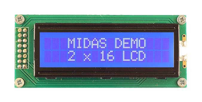 MC21605B6W-BNMLW3.3-V2 LCD DISPLAY, COB, 16 X 2, BLUE STN, 3.3V MIDAS