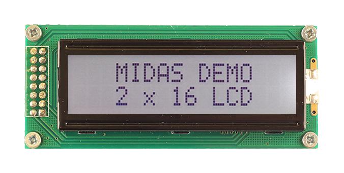 MC21605B6W-FPTLW3.3-V2 LCD DISPLAY, COB, 16 X 2, FSTN, 3.3V MIDAS