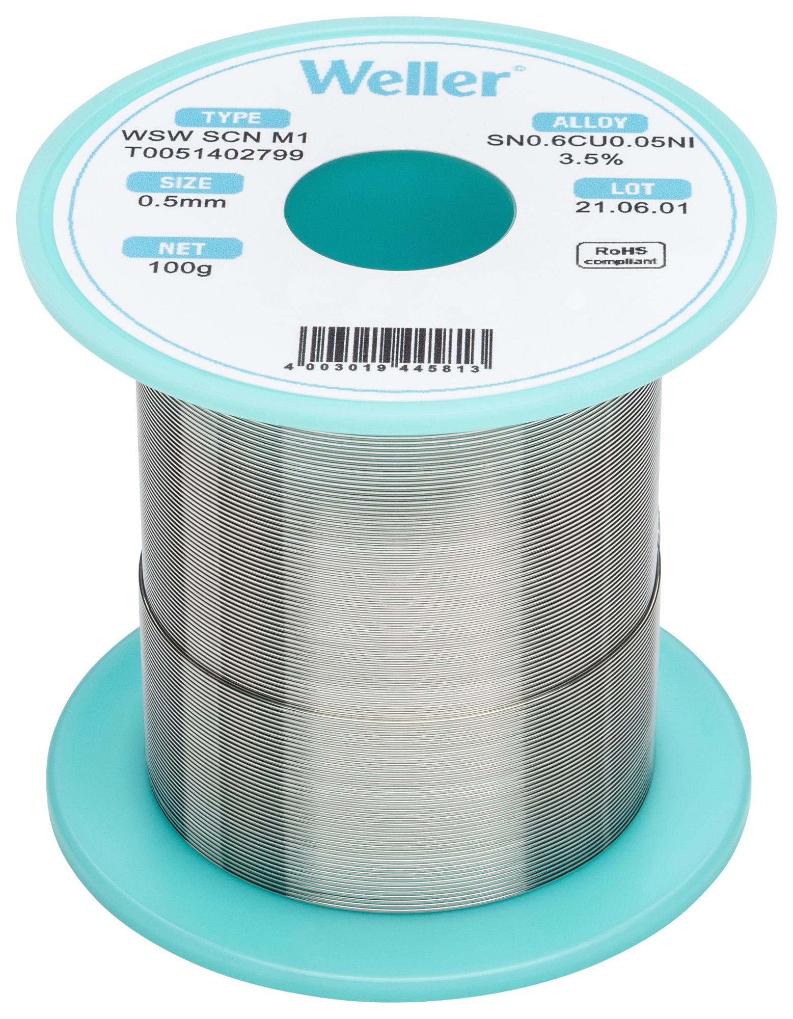 T0051402799 SOLDER WIRE, 99.3/0.6/0.05 SN/CU/NI/100G WELLER