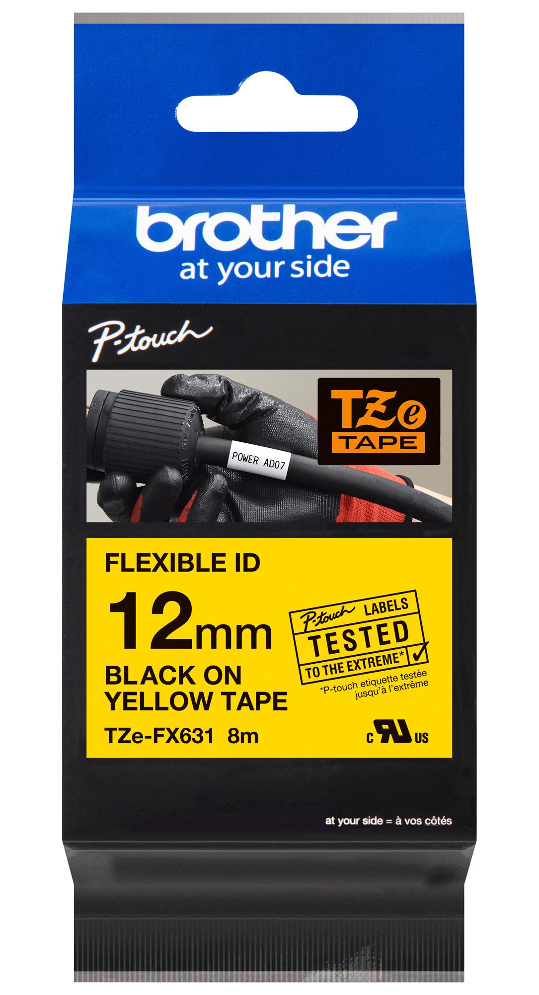 TZE-FX631 TAPE, 12MM, BLACK/YELLOW, FLEXIBLE BROTHER