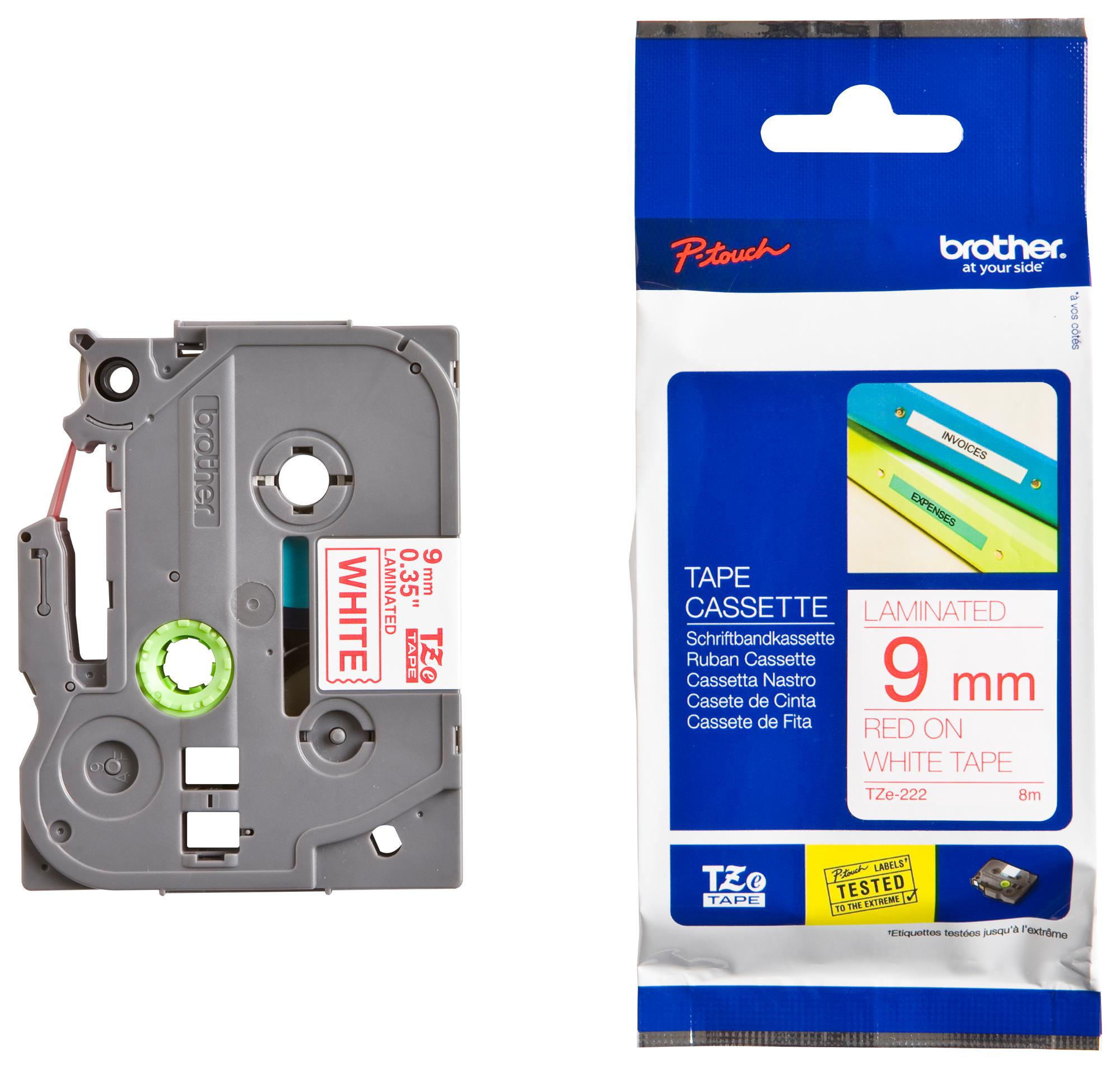 TZE-222 TAPE, RED ON WHITE, 9MM W, 8M L BROTHER