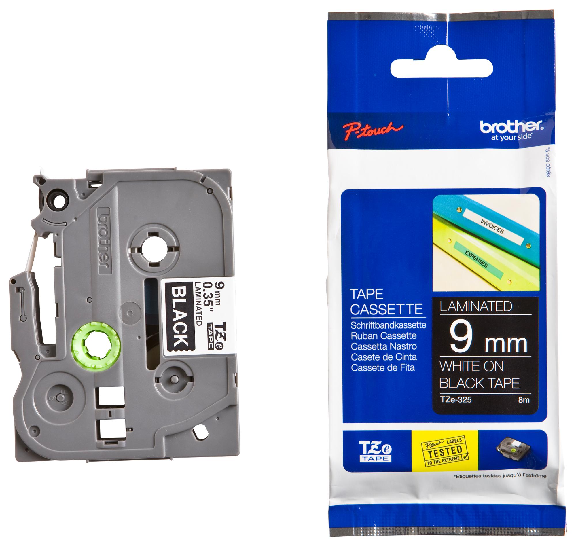 TZE-325 TAPE, WHITE ON BLACK, 9MM W, 8M L BROTHER