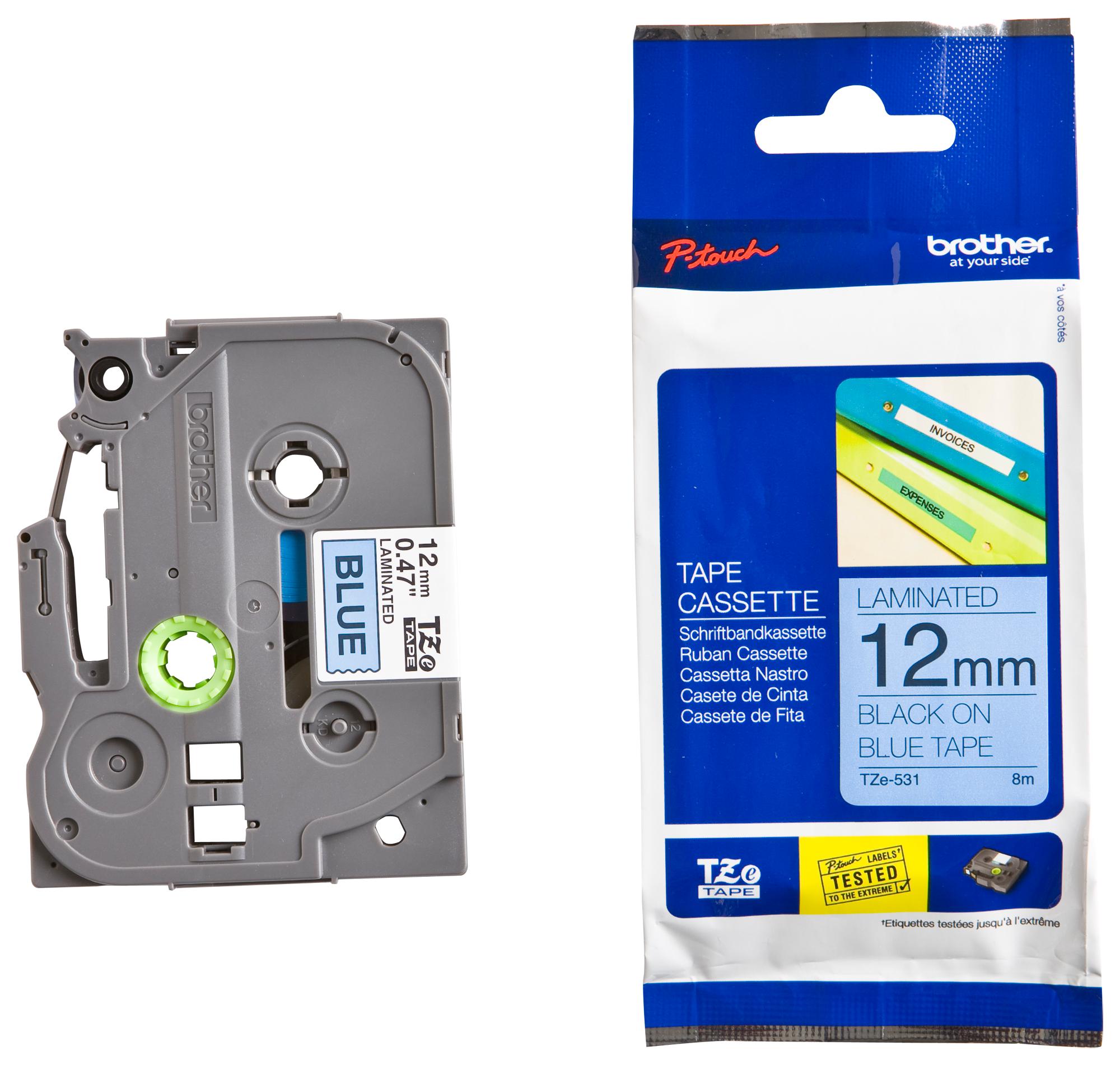 TZE-531 TAPE, BLACK ON BLUE, 12MM W, 8M L BROTHER