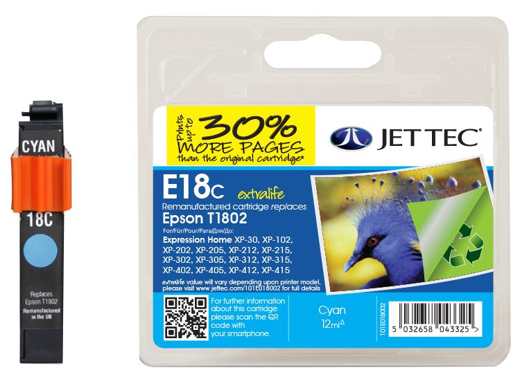 101E018002 INK CART, COMPATIBLE, EPSON T1802 CYAN JET TEC