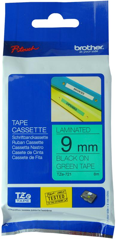 TZE-721 TAPE, BLACK ON GREEN, 9MM BROTHER