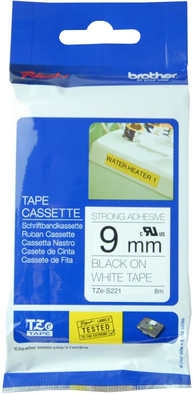 TZE-S221 TAPE, BLACK ON WHITE, 9MM BROTHER