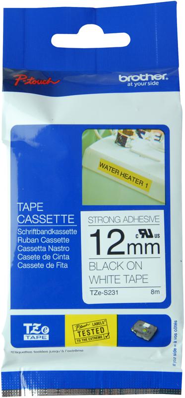 TZE-S231 TAPE, BLACK ON WHITE, 12MM BROTHER