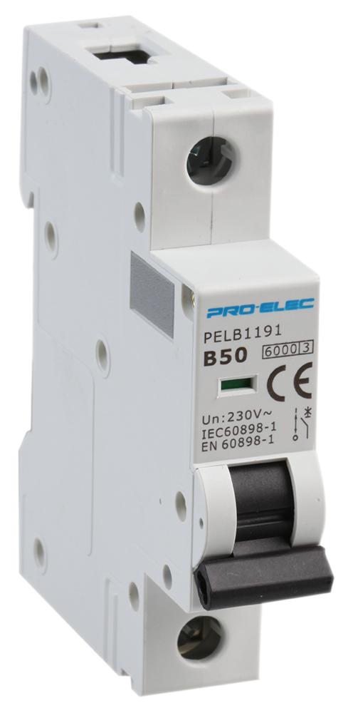 PELB1191 CIRCUIT BREAKER, 1P, 50A, 415V, DIN RAIL PRO ELEC
