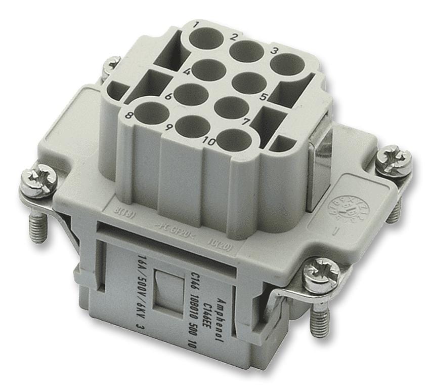 AMPHENOL SINE/TUCHEL Rectangular Power Inserts Less Contacts C146 10B010 500 10 INSERT, RECEPTACLE, 10+PE WAY, CRIMP AMPHENOL SINE/TUCHEL 2345972 C146 10B010 500 10