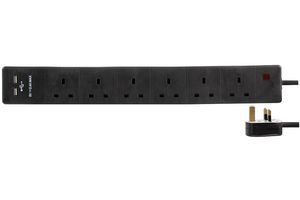 PEL00127 Extension 6 Gang With 2 USB, Black 5m Pro Elec