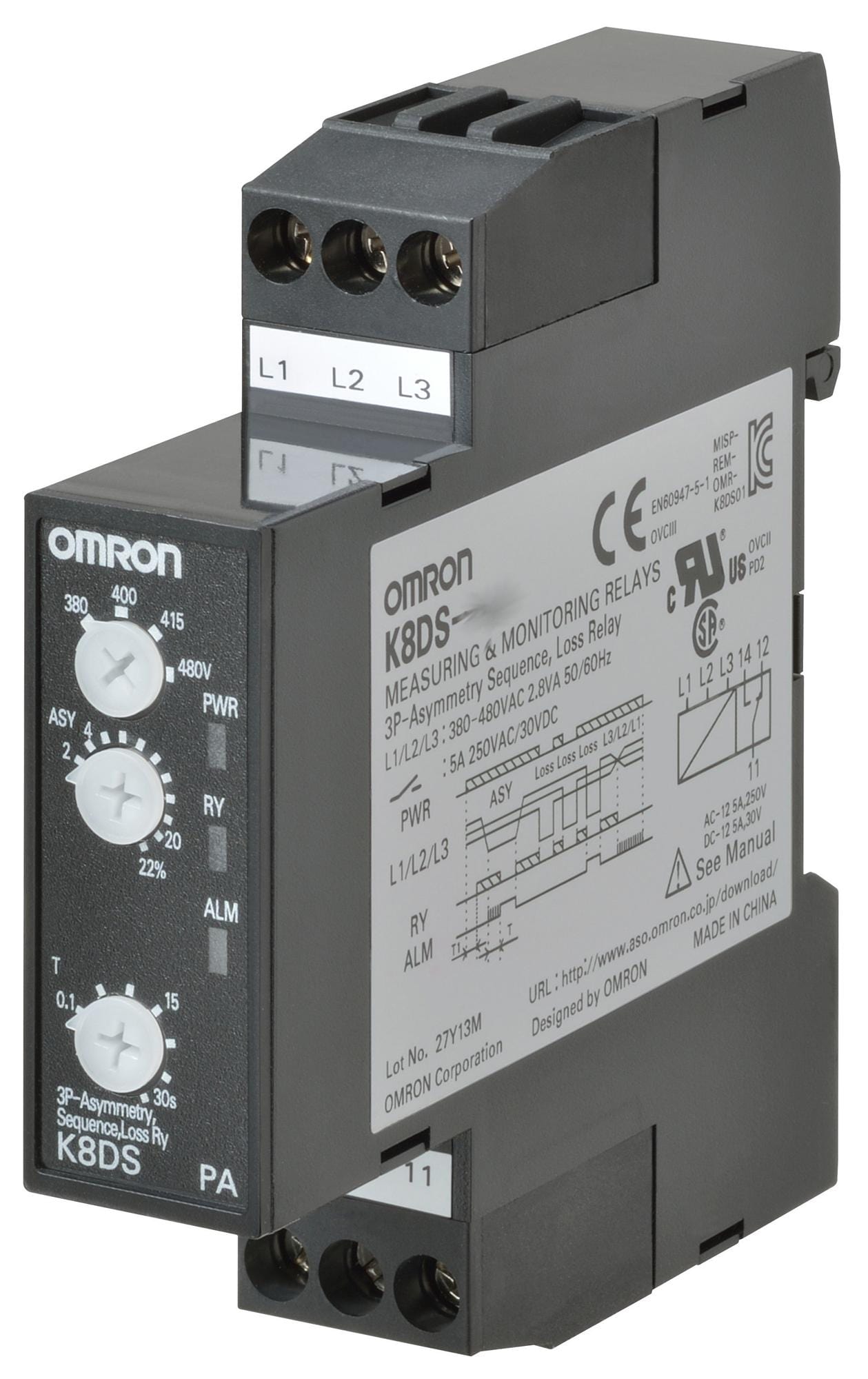 OMRON Phase Monitoring K8DS-PA2 PHASE RELAY, SPDT, 5A, 250VAC, DIN RAIL OMRON 3440423 K8DS-PA2