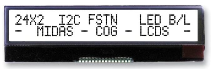 MIDAS LCD Alphanumeric MCCOG22405A6W-FPTLWI LCD, COG 24X2, I2C, FSTN BLK ON WHITE MIDAS 2218945 MCCOG22405A6W-FPTLWI