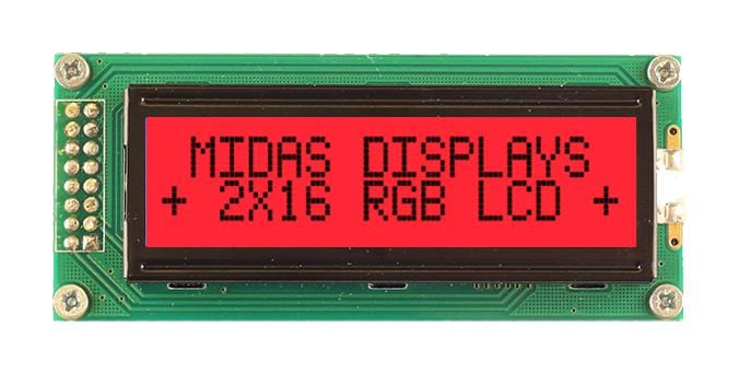 MIDAS LCD Alphanumeric MD21605B6W-FPTLRGB LCD MODULE, 16 X 2, COB, 5.23MM, FSTN MIDAS 3813140 MD21605B6W-FPTLRGB