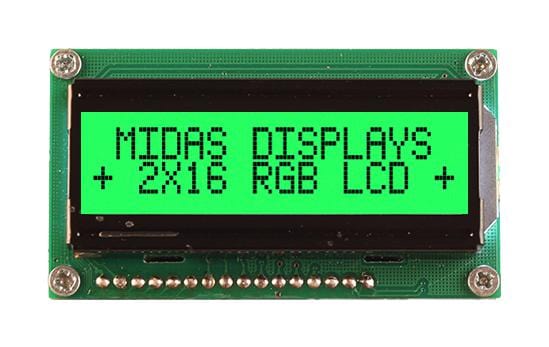 MIDAS LCD Alphanumeric MD21605H6W-FPTLRGB LCD MODULE, 16 X 2, COB, 5MM, FSTN MIDAS 3813141 MD21605H6W-FPTLRGB