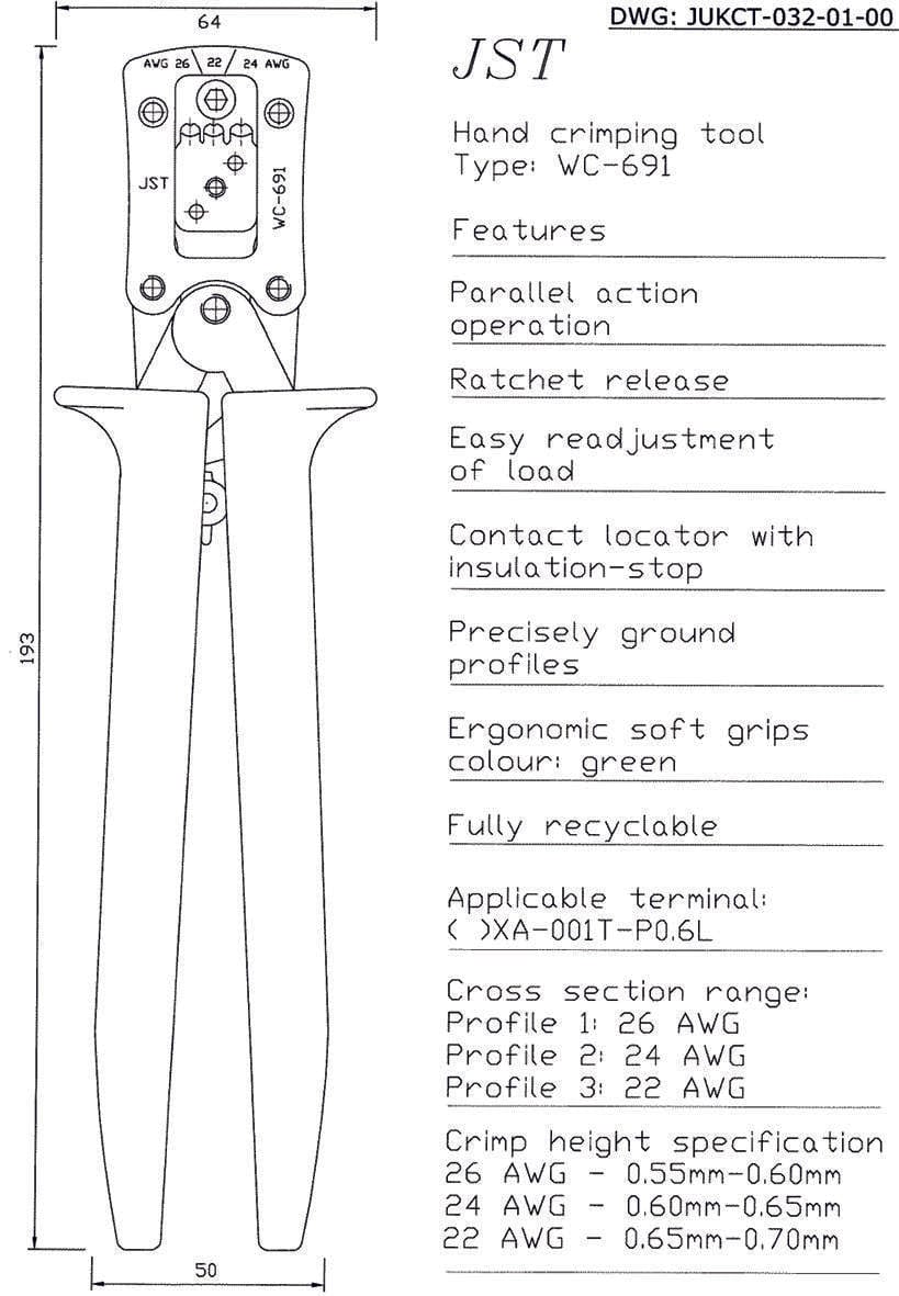 JST (JAPAN SOLDERLESS TERMINALS) Crimp Tools WC-691 TOOL, CRIMP XA JST (JAPAN SOLDERLESS TERMINALS) 7356153 WC-691