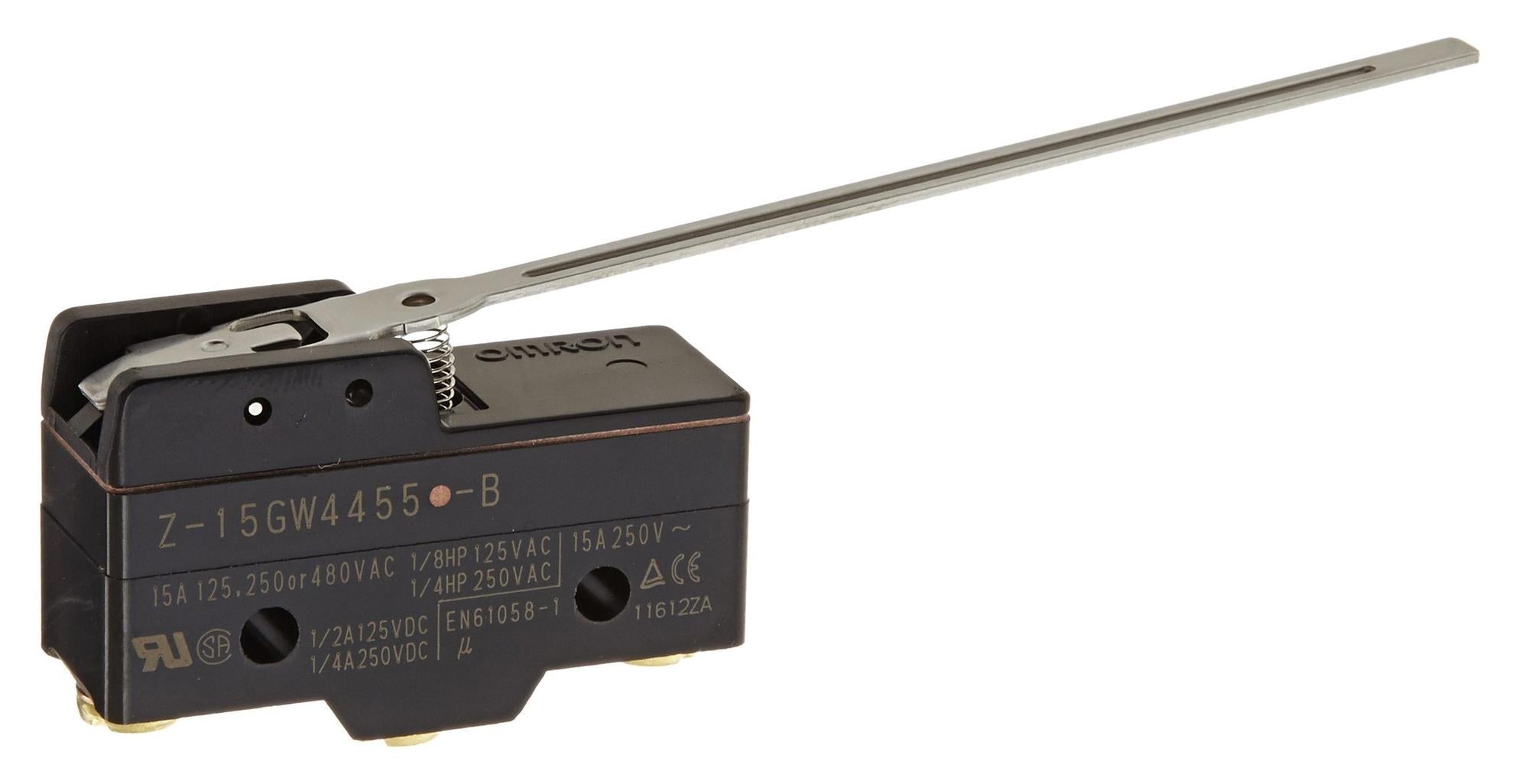 OMRON Microswitch Z-15GW4455-B SWITCH, LONG HINGE LEVER, SPDT, 250V OMRON 3413311 Z-15GW4455-B