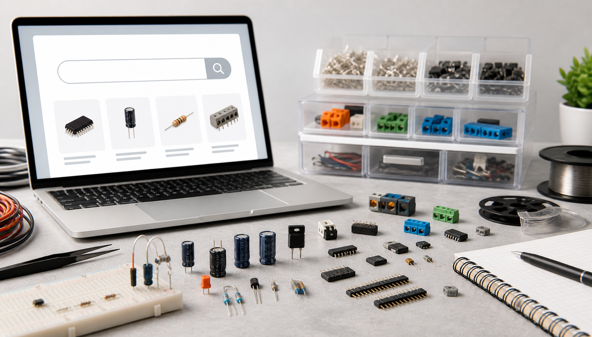 Werkbank met elektronische componenten en een zoekscherm voor onderdelen