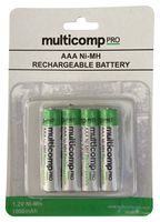 MP001178 - Rechargeable Battery, 1.2 V, Nickel Metal Hydride, 1 Ah, AAA, Raised Positive and Flat Negative - MULTICOMP PRO