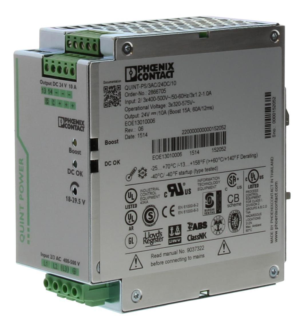 QUINT-PS/3AC/24DC/10 PSU, DIN RAIL, 24V, 10A PHOENIX CONTACT