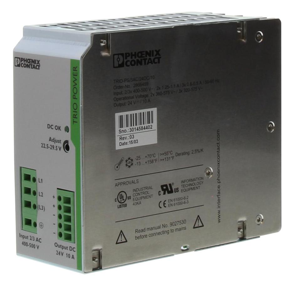 TRIO-PS/3AC/24DC/10 PSU, DIN RAIL, 24V, 10A PHOENIX CONTACT