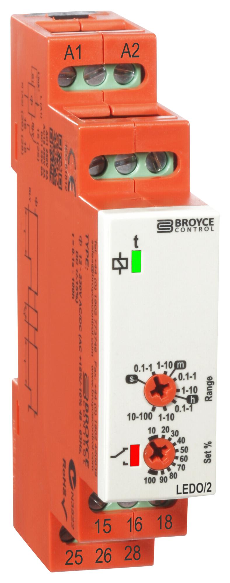 LEDO/2 12-230V AC/DC DELAY-ON-OPERATE TIMER, 0.1S-100H, DPDT BROYCE CONTROL