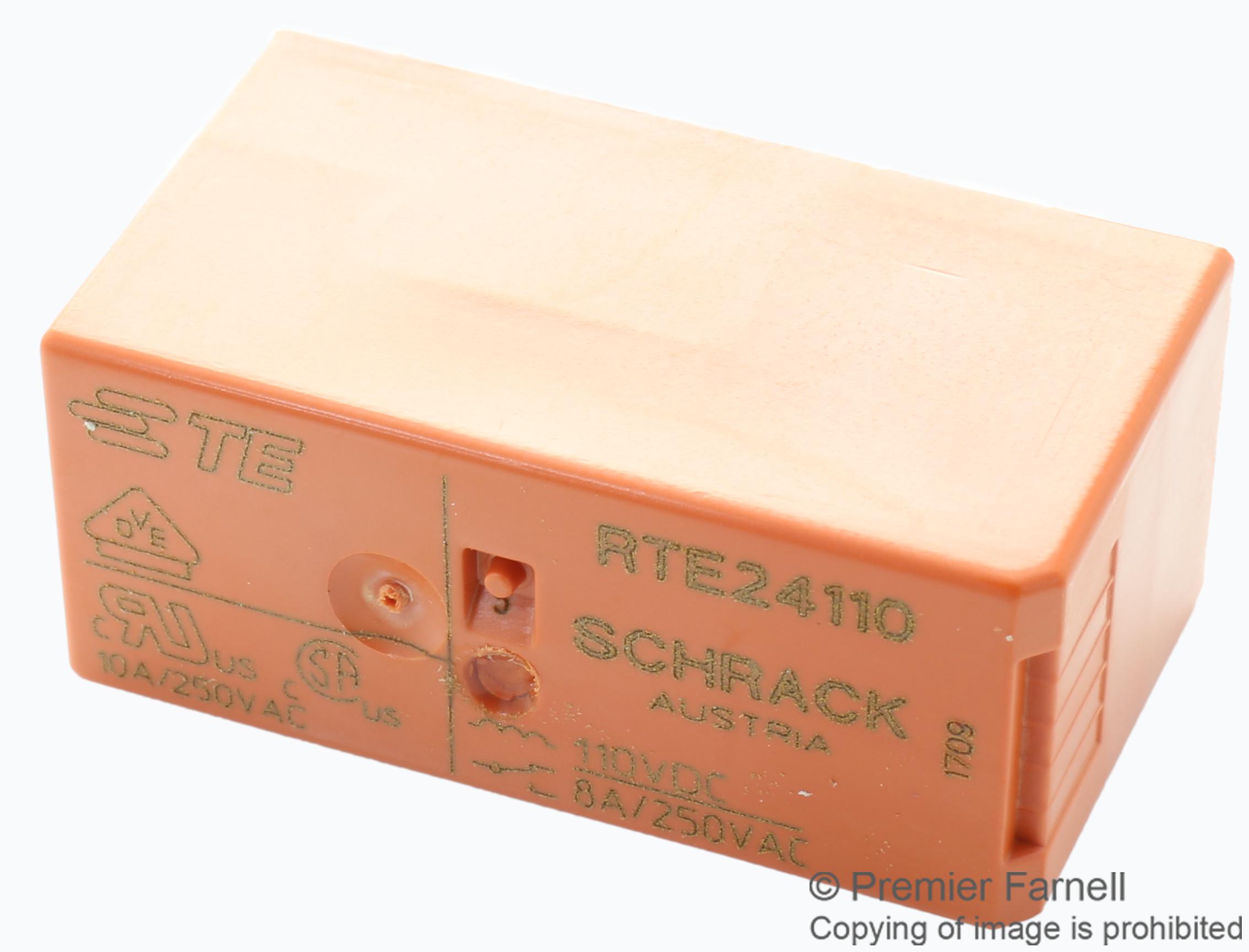 RTE24110.. POWER RELAY, DPDT, 10A, 250VAC, TH SCHRACK - TE CONNECTIVITY