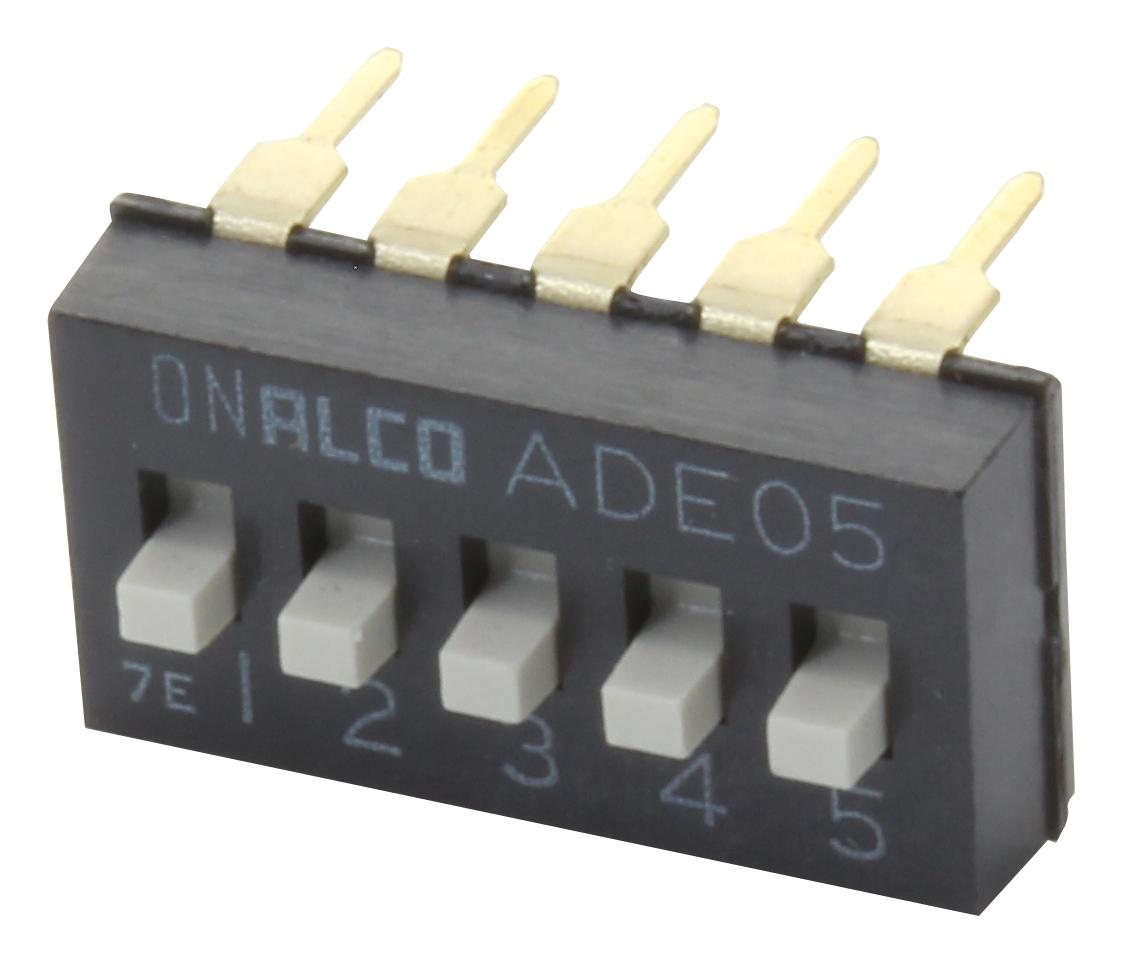 1825057-4 DIP SWITCH, 5POS, SPST, 0.1A, 24V, TH ALCOSWITCH - TE CONNECTIVITY