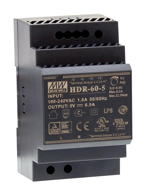 HDR-60-5 POWER SUPPLY, AC-DC, 5V, 6.5A MEAN WELL