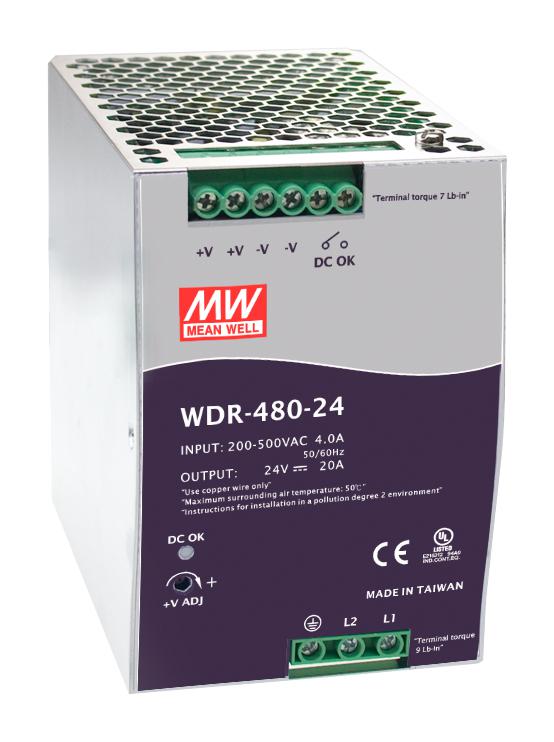 WDR-480-48 POWER SUPPLY, AC-DC, 48V, 10A MEAN WELL