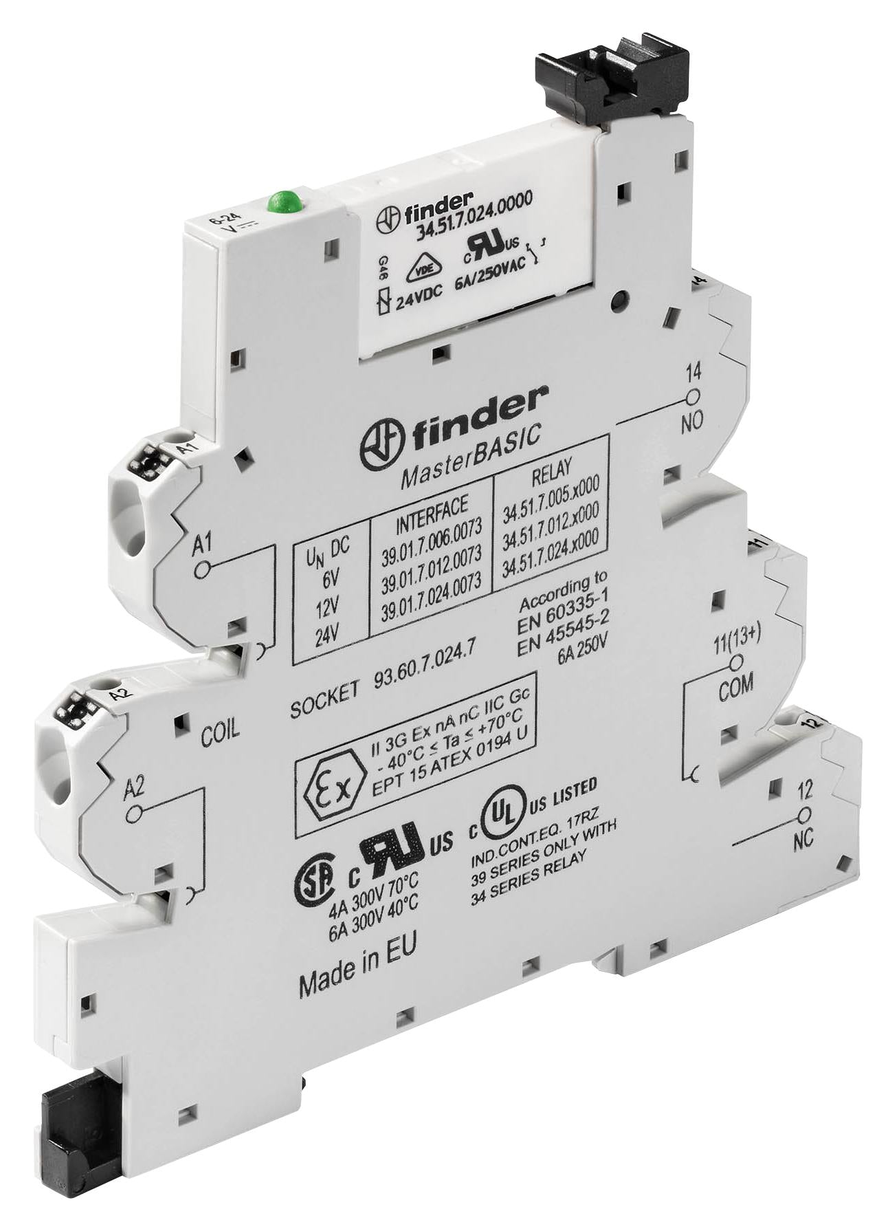 39.11.0.012.0073 POWER RELAY, SPDT, 6A, 250VAC, DIN RAIL FINDER