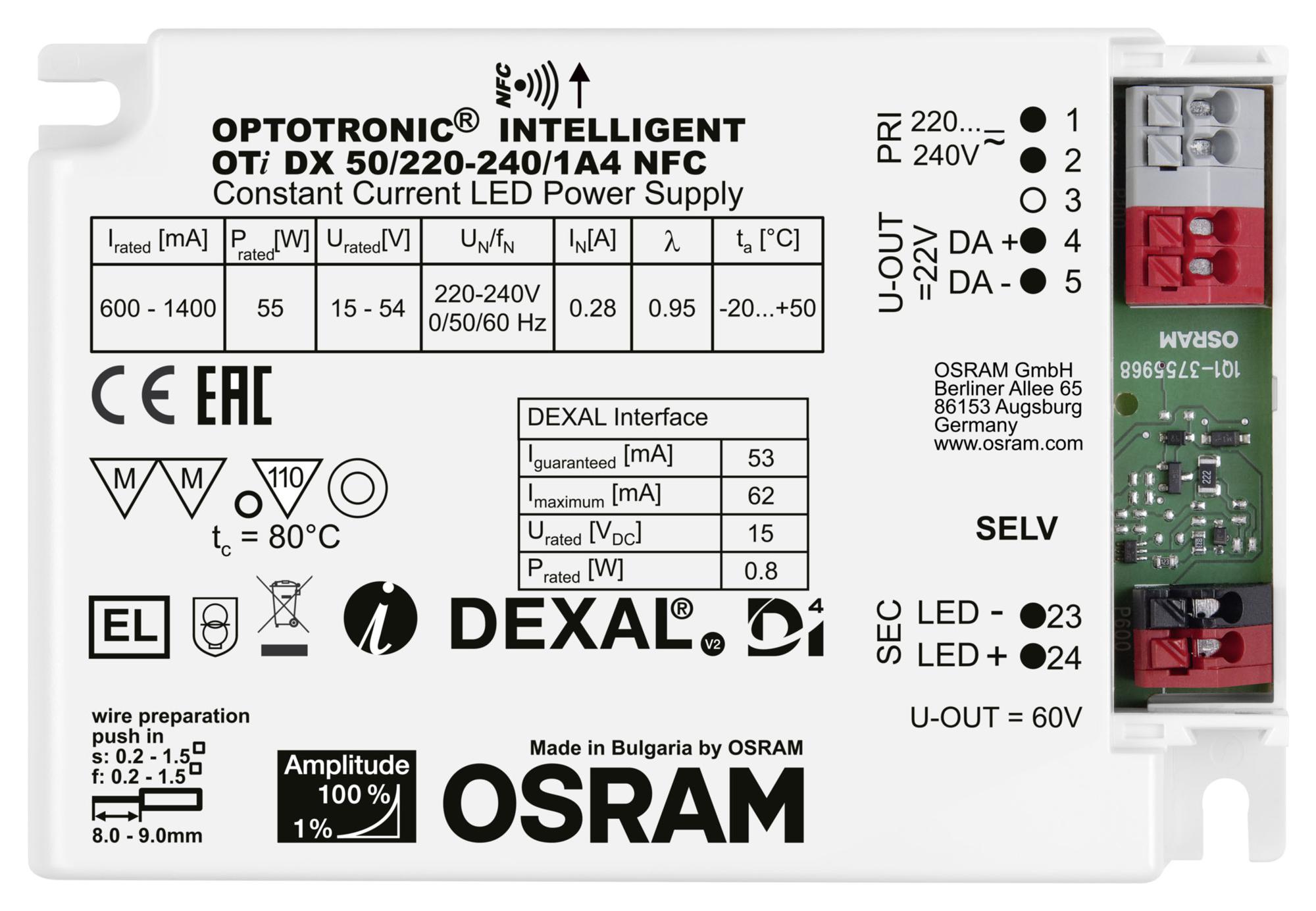 OTI-DX-50/220-240/1A4-NFC LED DRIVER, CONSTANT CURRENT, 60V, 55W OSRAM