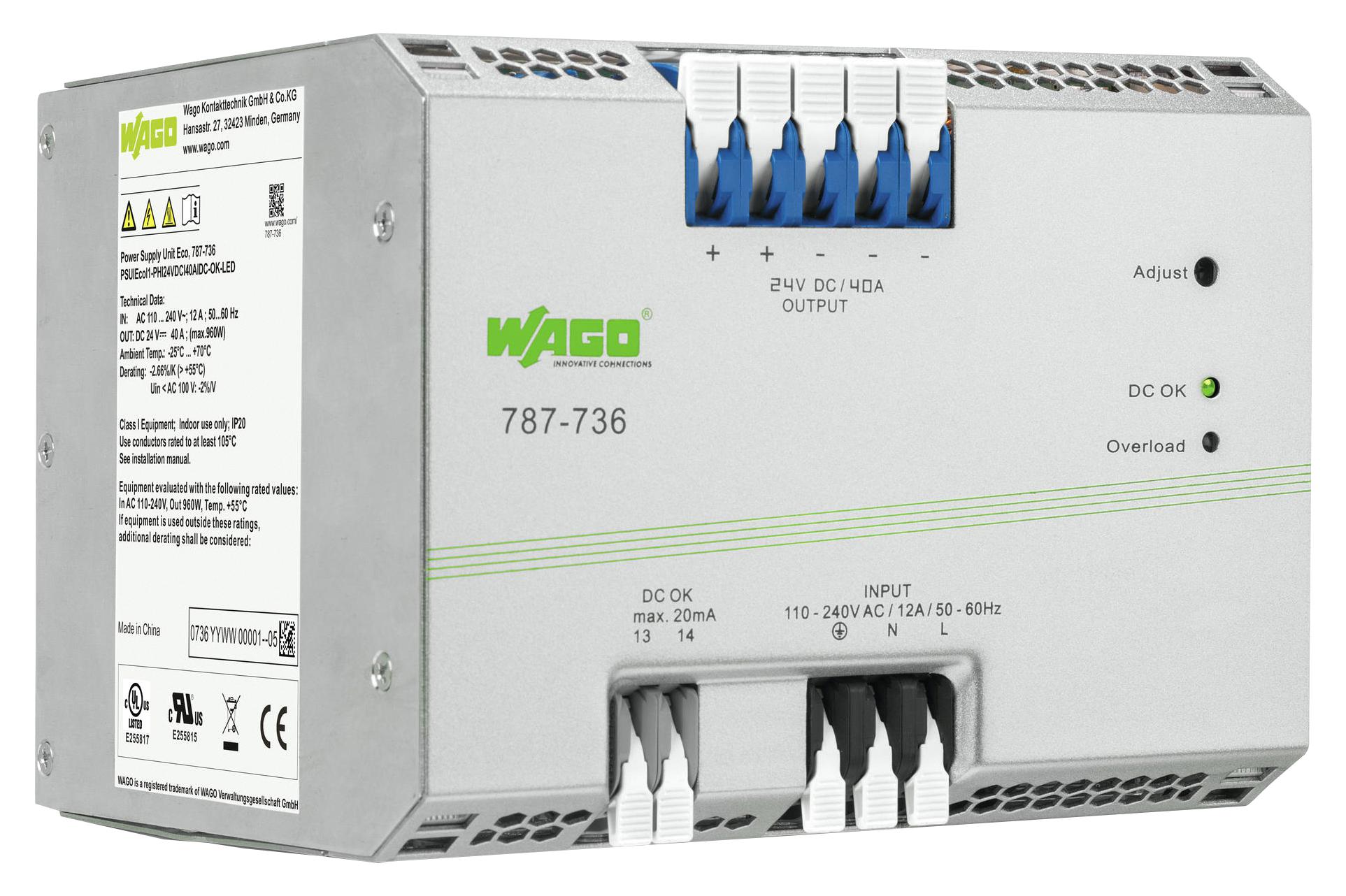 787-736 POWER SUPPLY, AC-DC, 24V, 40A WAGO