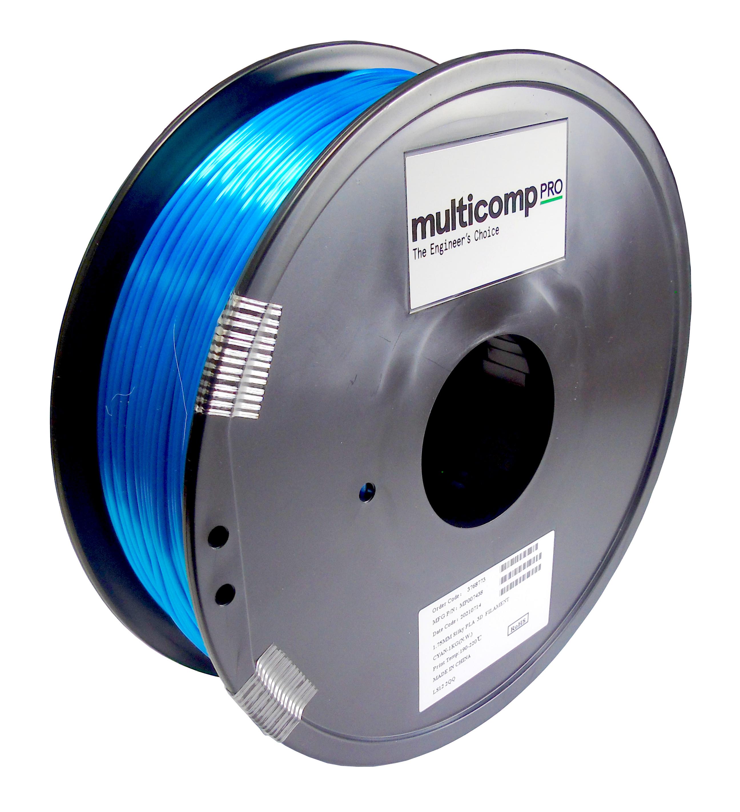 MP007438 3D FILAMENT, SILK PLA, 1.75MM, 1KG, CYAN MULTICOMP PRO