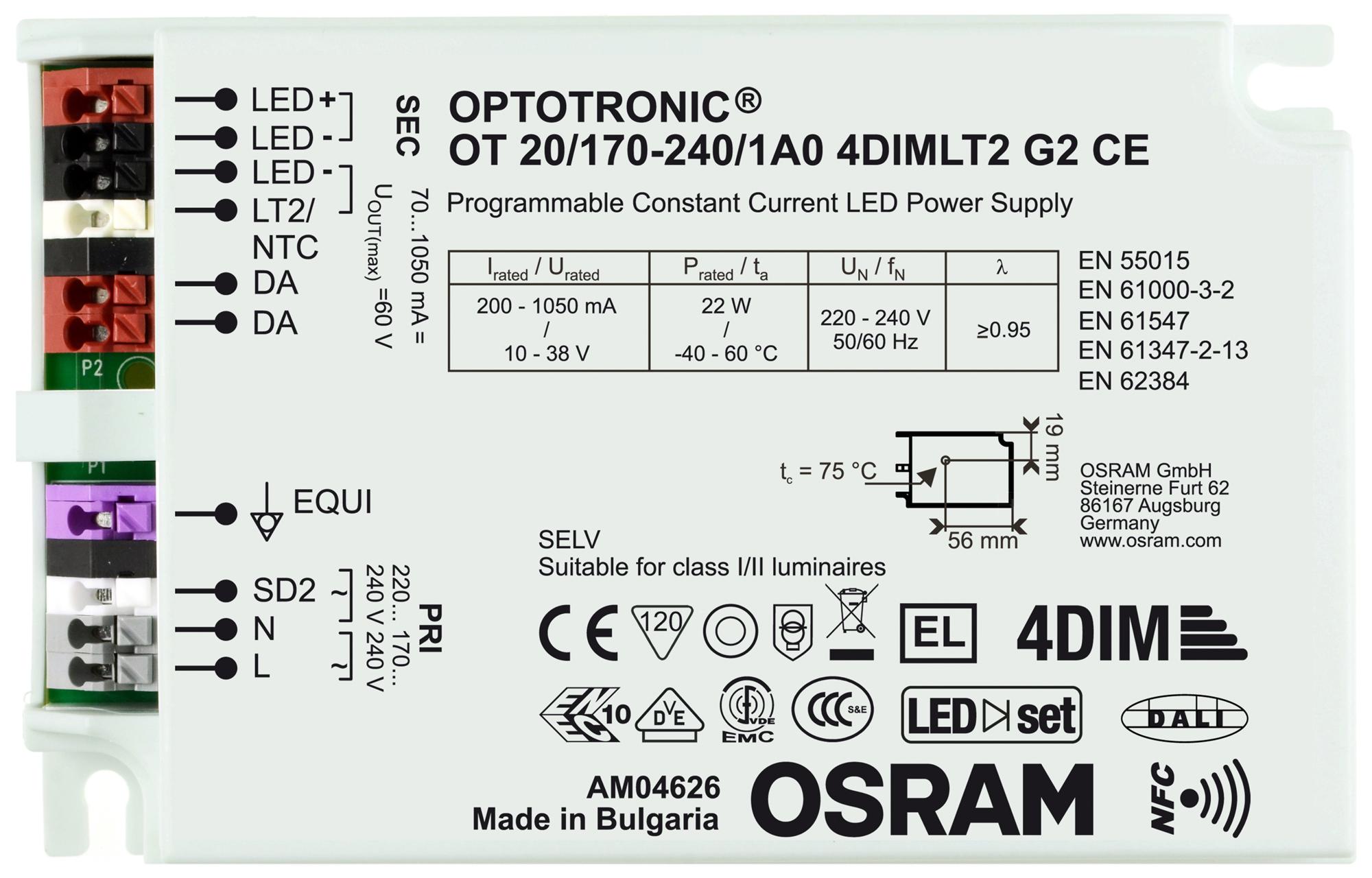 OT-20/170-240/1A0-4DIMLT2-G2-CE LED DRIVER, CONSTANT CURRENT, 22W OSRAM